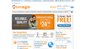 The Vonage home page packs a punch. It includes many elements to convince vistors to keep clicking.